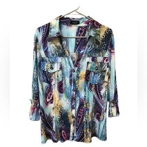 Klaveli Women’s Button-Down Shirt XL Blue Paisley Western Boutique Blouse USA